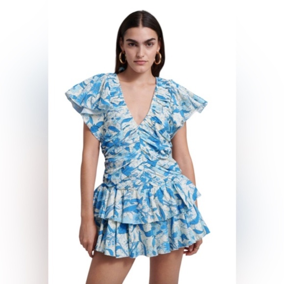 Love The Label Minette Ruffled Mini Dress Floral Flutter Sleeve V Neck, Size L - Picture 1 of 13